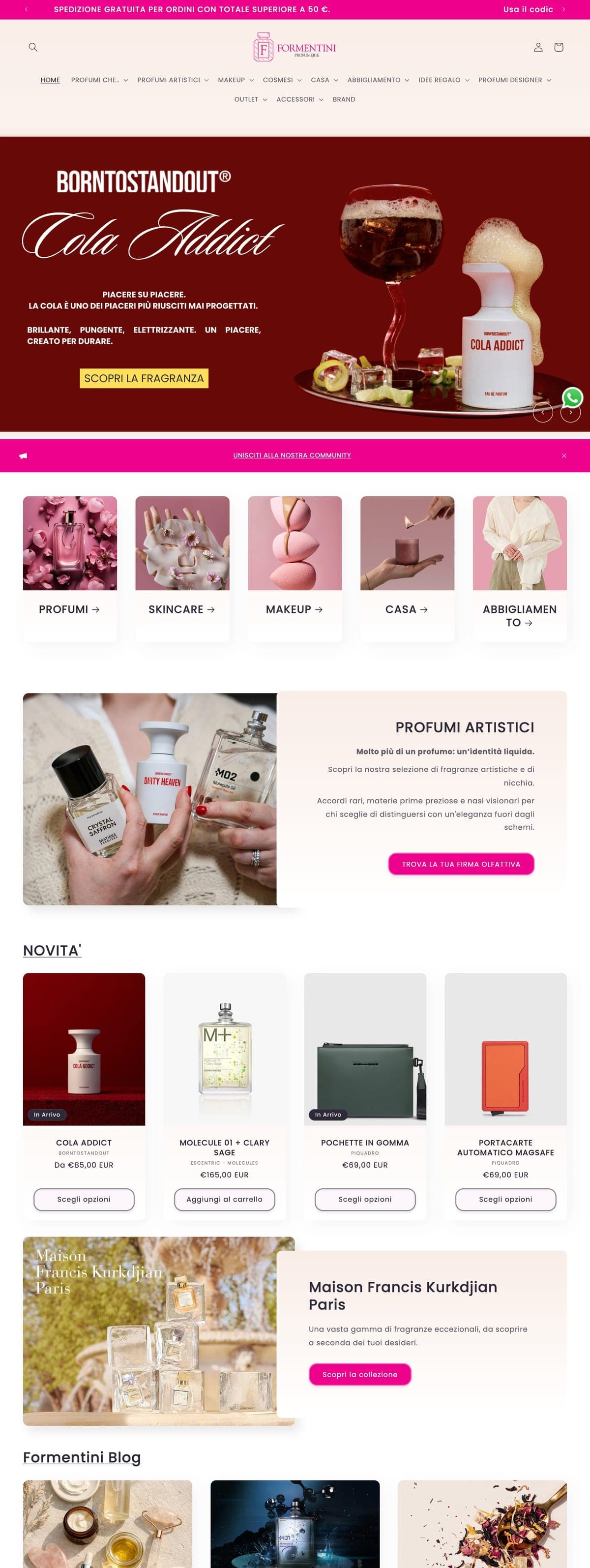 L'e-commerce formentiniprofumerie.it: i reparti, la vetrina in evidenza e i prodotti