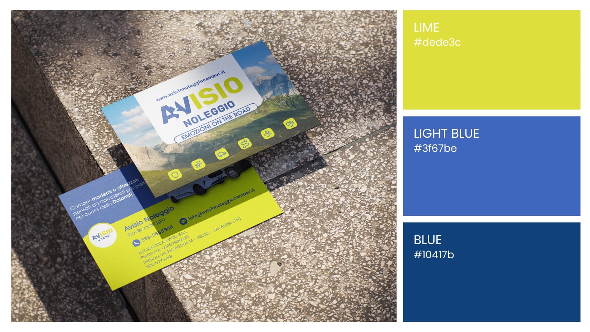 Biglietti da visita Avisio Noleggio e la palette del brand