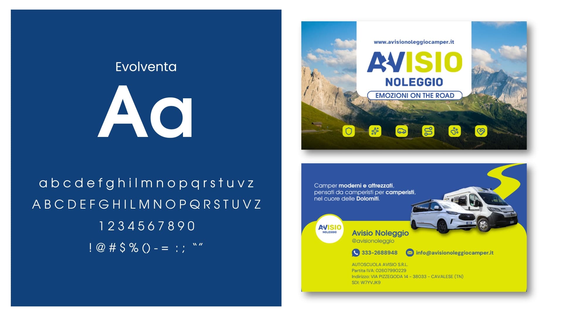Sistema di marca Avisio Noleggio: font Evolventa e materiale coordinato