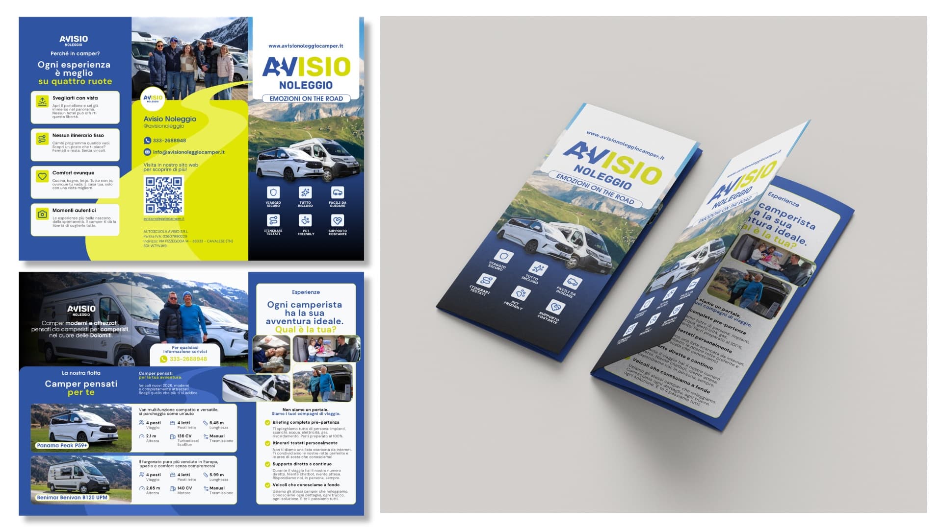 Brochure a 3 ante Avisio Noleggio: layout interni, flotta e contatti