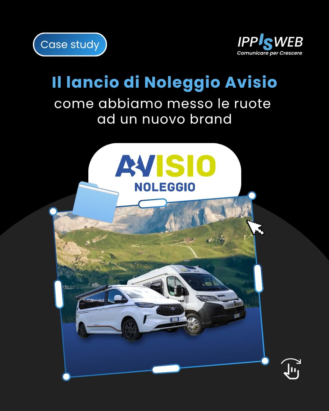 Il lancio di Noleggio Avisio: la copertina del progetto con i due camper tra le Dolomiti
