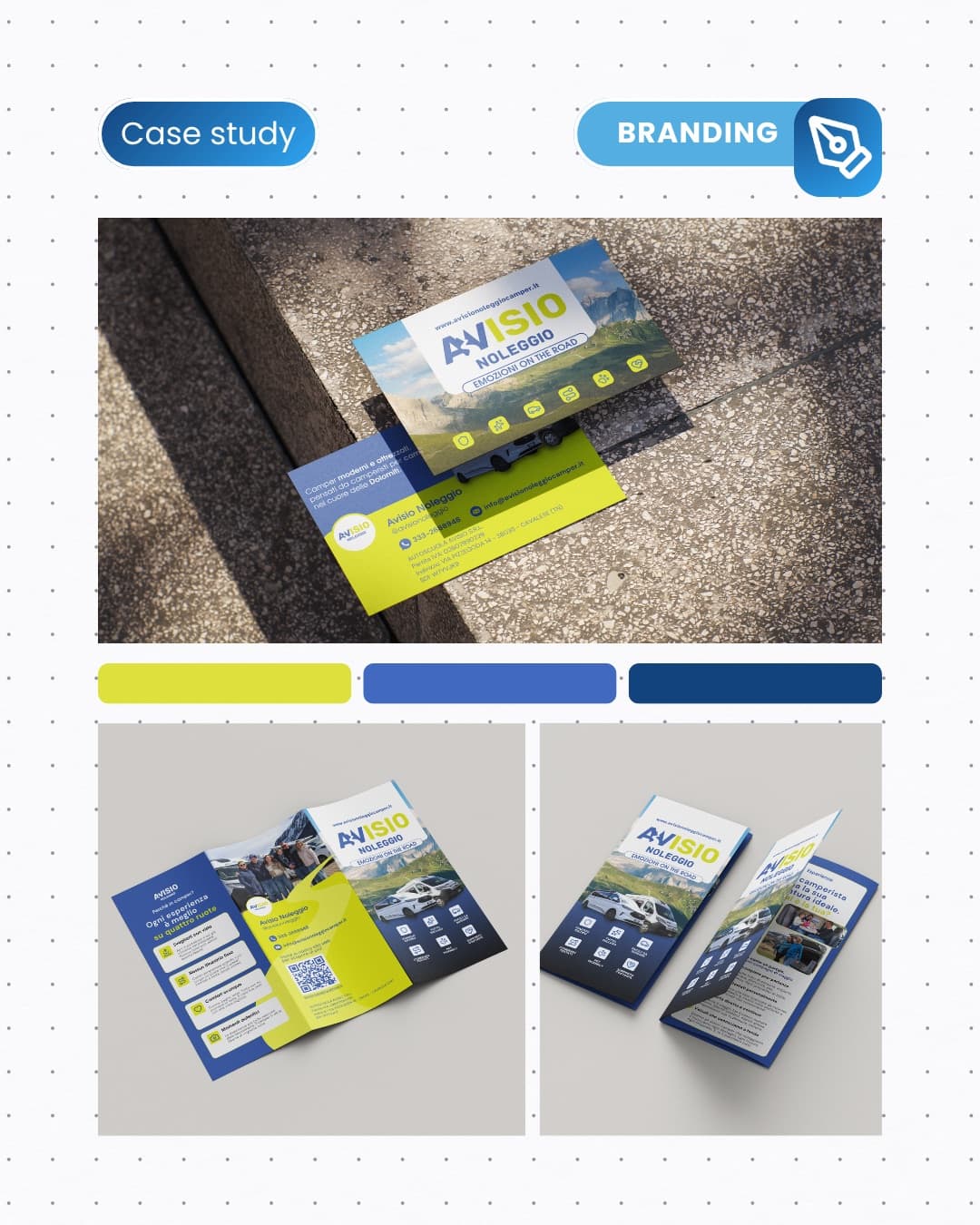 Branding: biglietti da visita e brochure a 3 ante Avisio Noleggio fotografati dal vivo