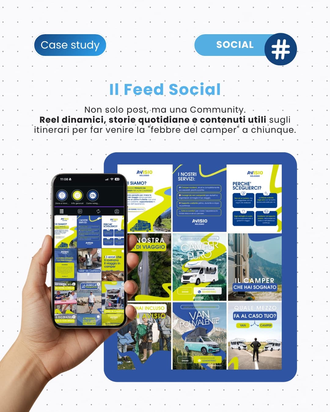 Social: il feed Instagram di Avisio con reel dinamici, storie quotidiane e rubriche del camperista