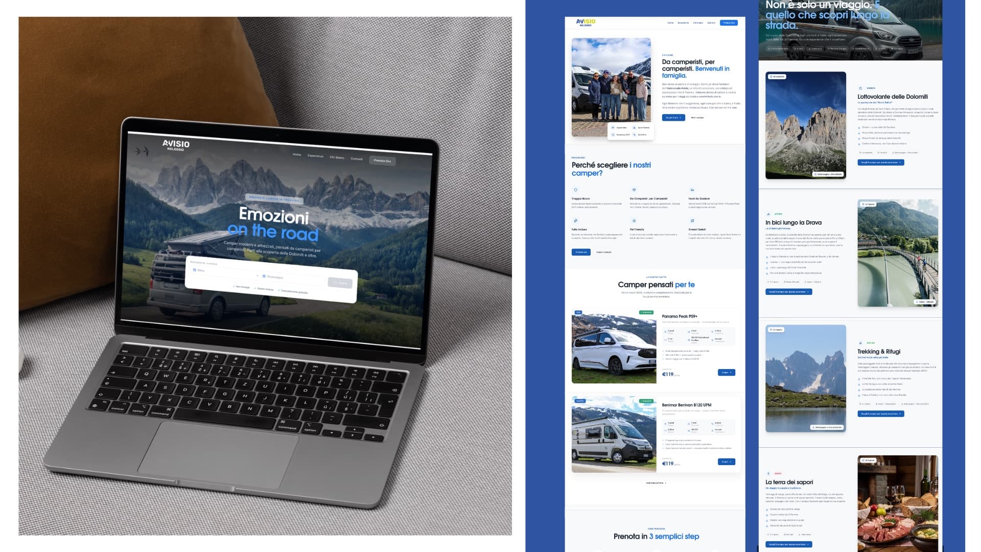 Il sito web avisionoleggiocamper.it: hero «Emozioni on the road», flotta ed esperienze