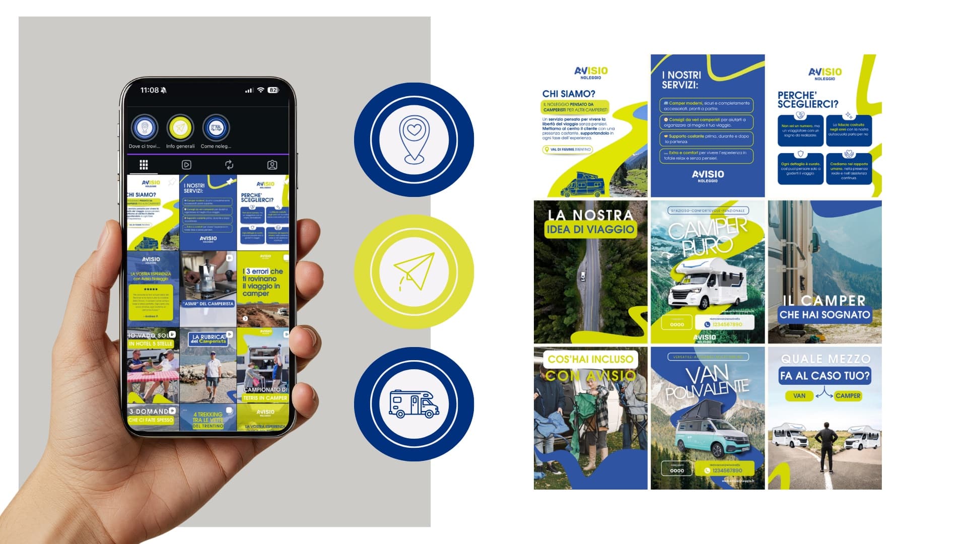 Il feed Instagram di Avisio Noleggio: post, storie in evidenza e reel