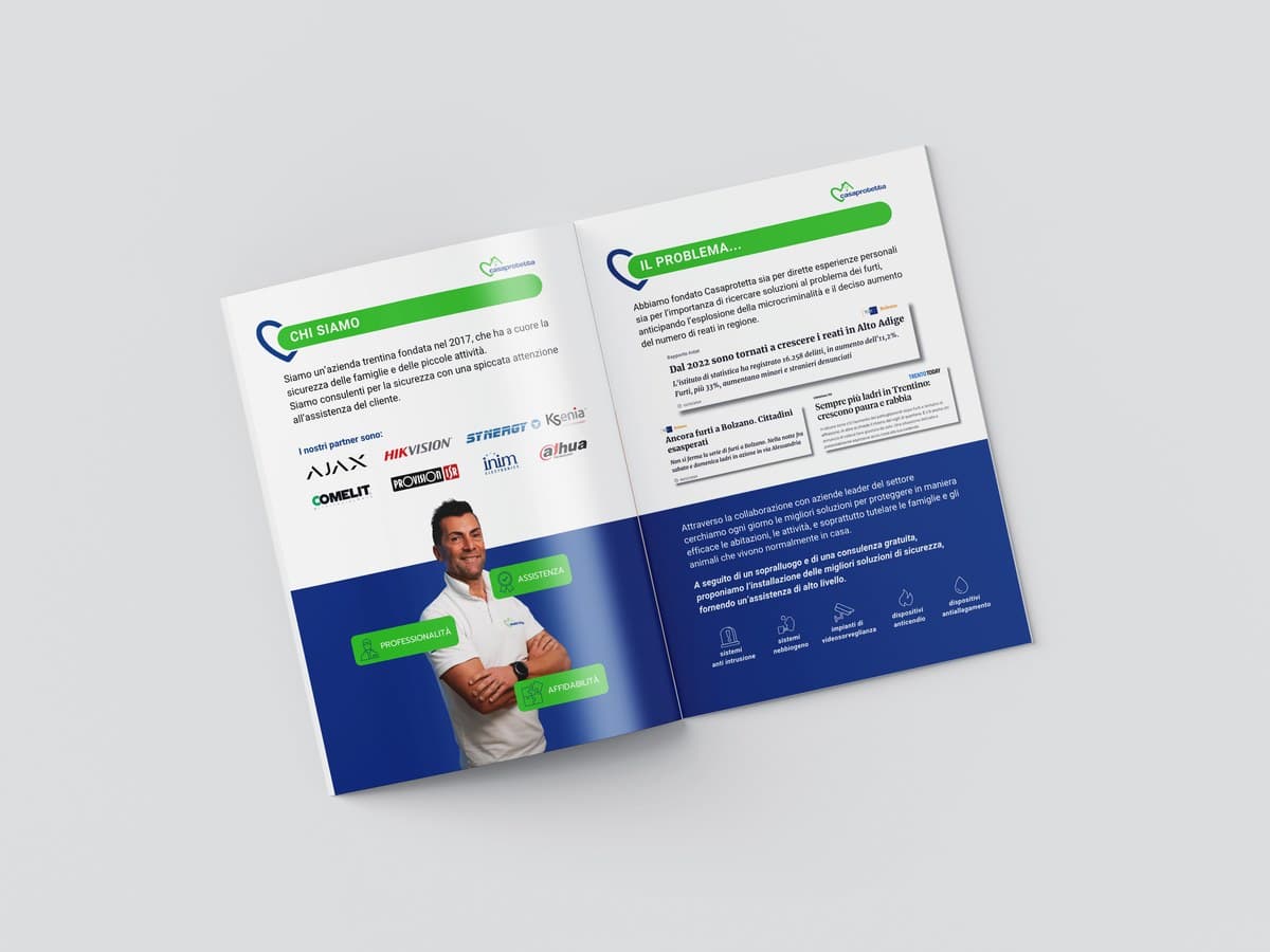 Doppia pagina della brochure Casa Protetta: chi siamo e i partner