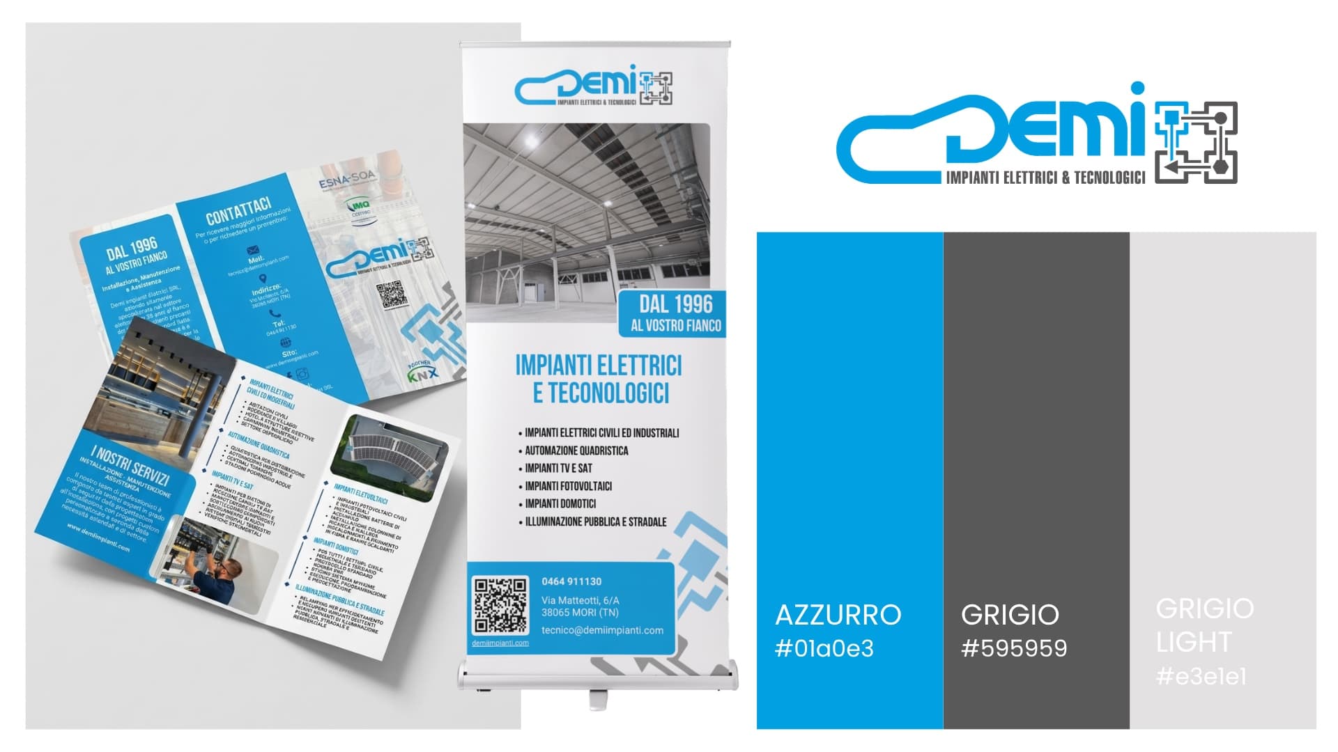 La tavola del progetto Demi Impianti: brochure a 3 ante, roll-up istituzionale, logo e palette azzurro-grigio