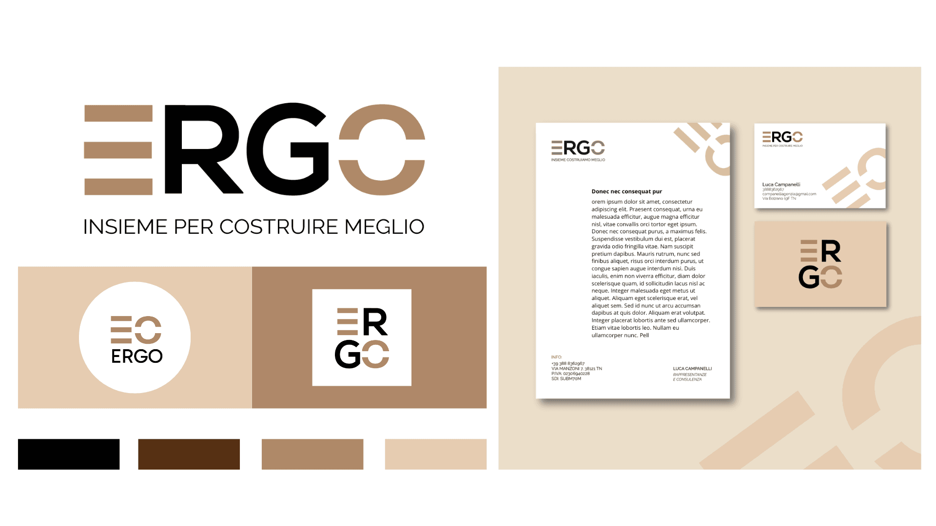 Brand board Ergo: logo, payoff «Insieme per costruire meglio», varianti, palette e cancelleria