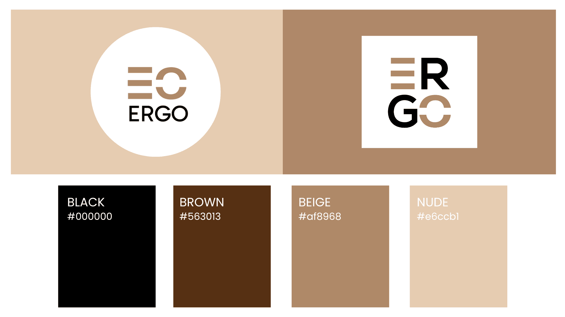 Varianti del marchio Ergo su fondo nude e beige, con la palette Black, Brown, Beige e Nude