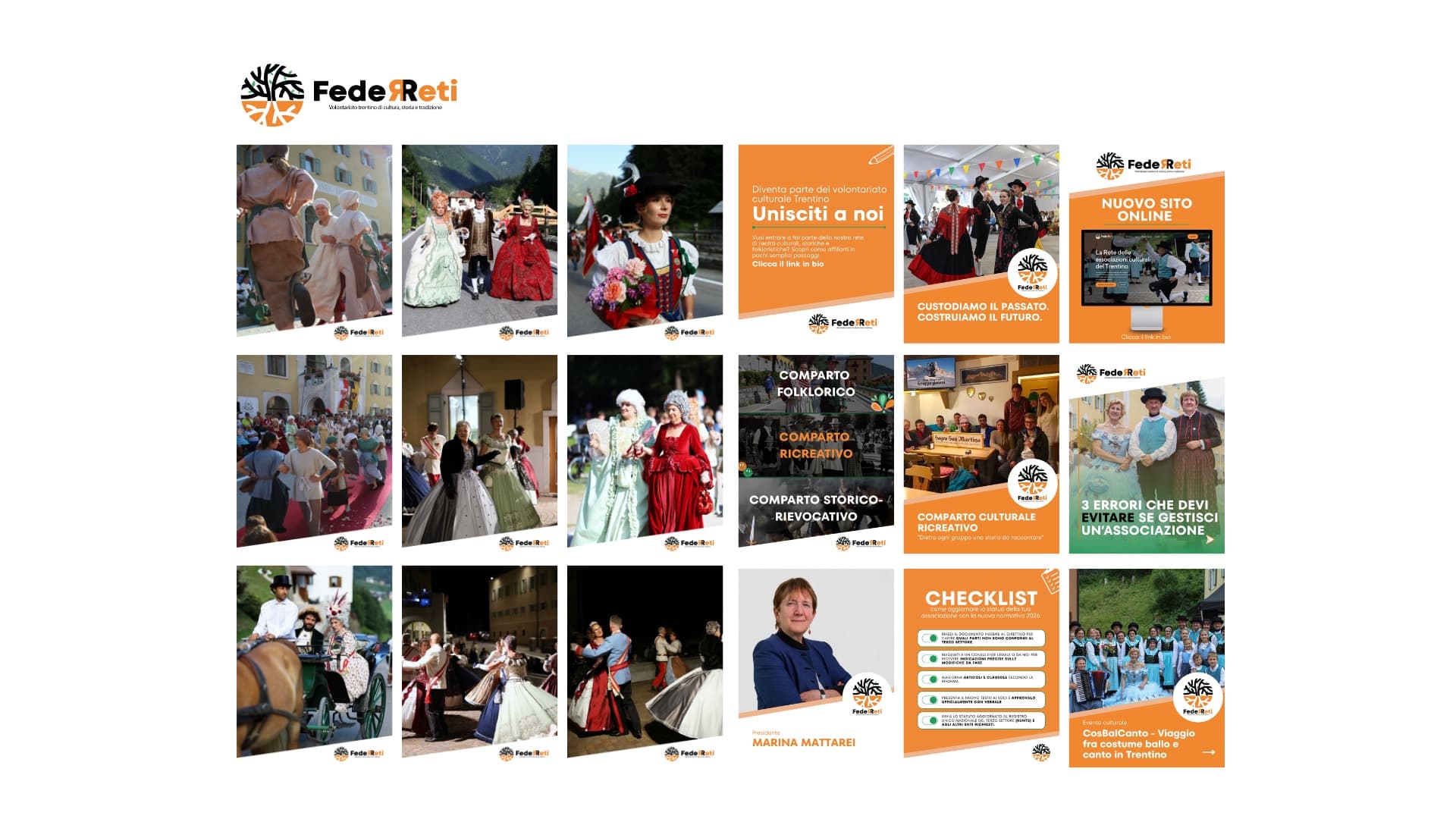 Il feed Instagram FederReti: foto degli eventi folkloristici e post informativi in arancione coordinato, su sfondo bianco