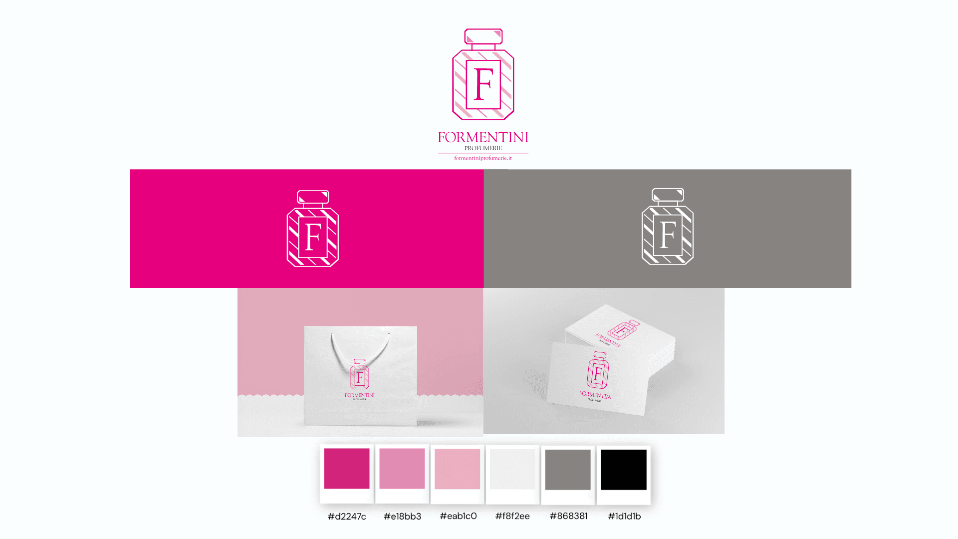 Il nuovo logo Formentini: flacone con la F, applicazioni su shopper e biglietti, palette