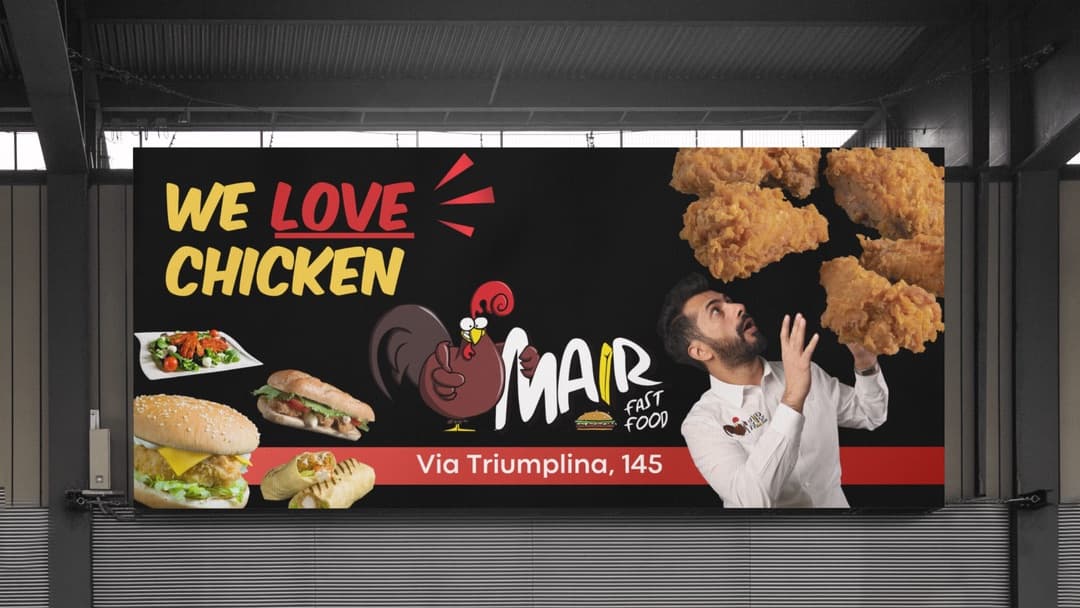 Cartellone pubblicitario Mair Fast Food 'We Love Chicken'