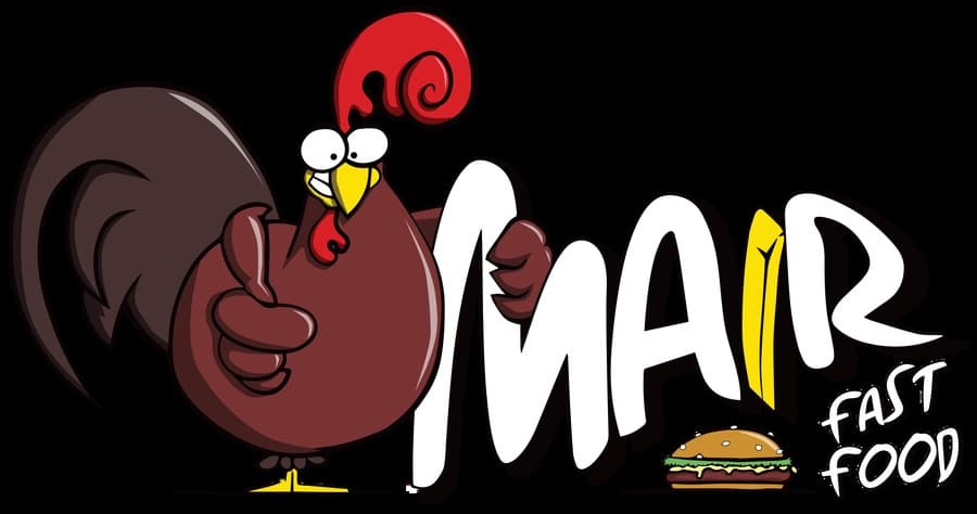 Logo Mair Fast Food con il gallo mascotte che fa il pollice in su