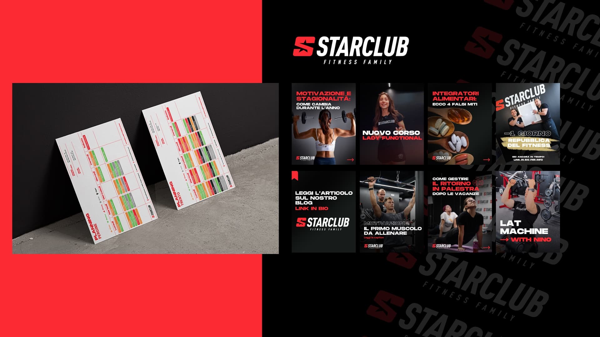 Il feed Instagram StarClub con i post su corsi, motivazione e integrazione, e i planning settimanali cartacei delle sedi di Trento e Pergine