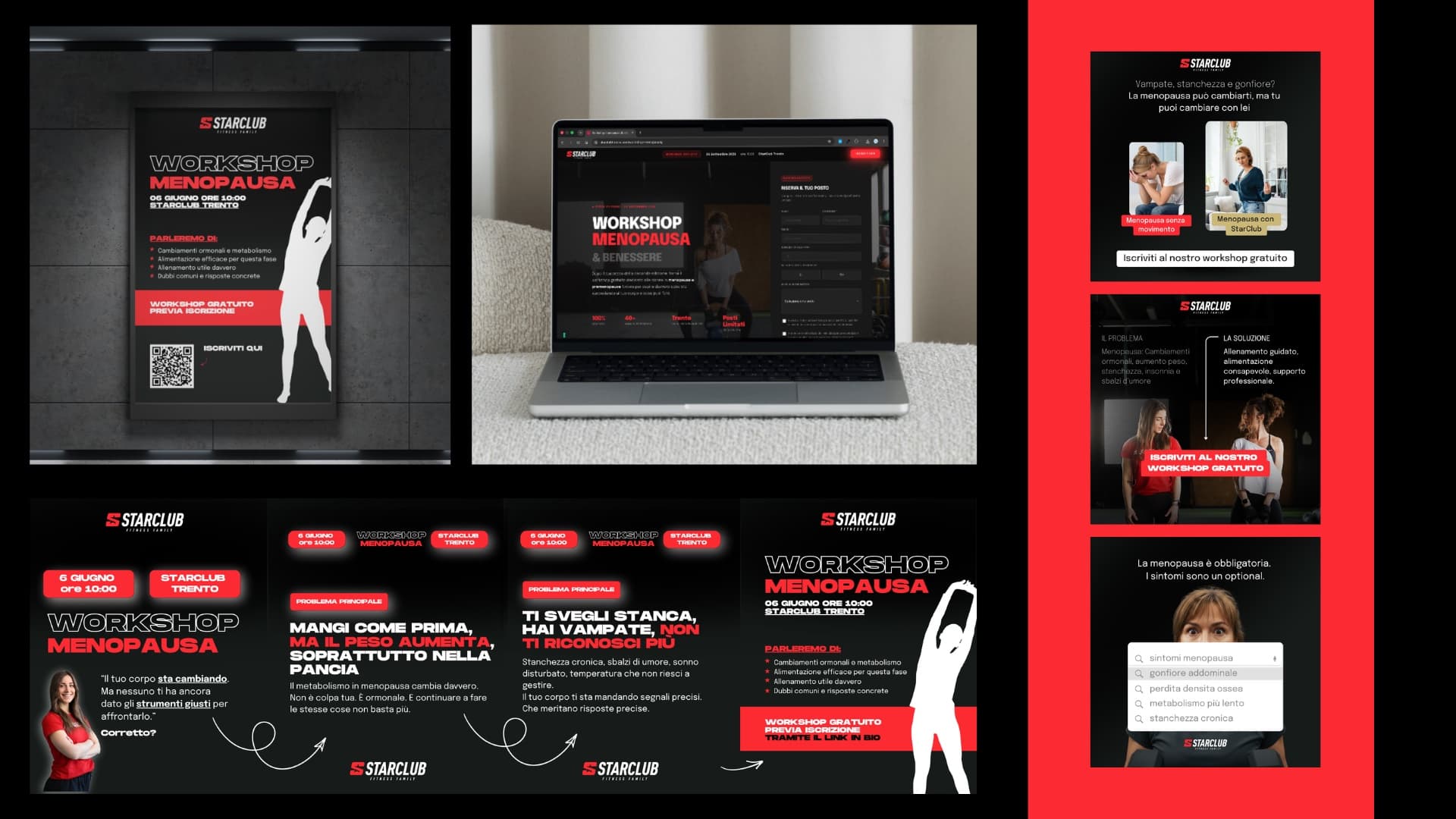 I materiali del Workshop Menopausa: locandina con QR code, landing page di iscrizione, carosello e storie social