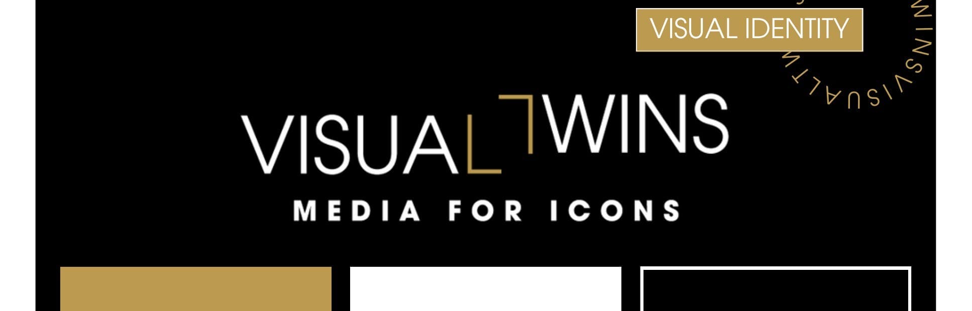 Board d'identità Visual Twins: logo, payoff «Media for Icons» e palette oro, bianco e nero